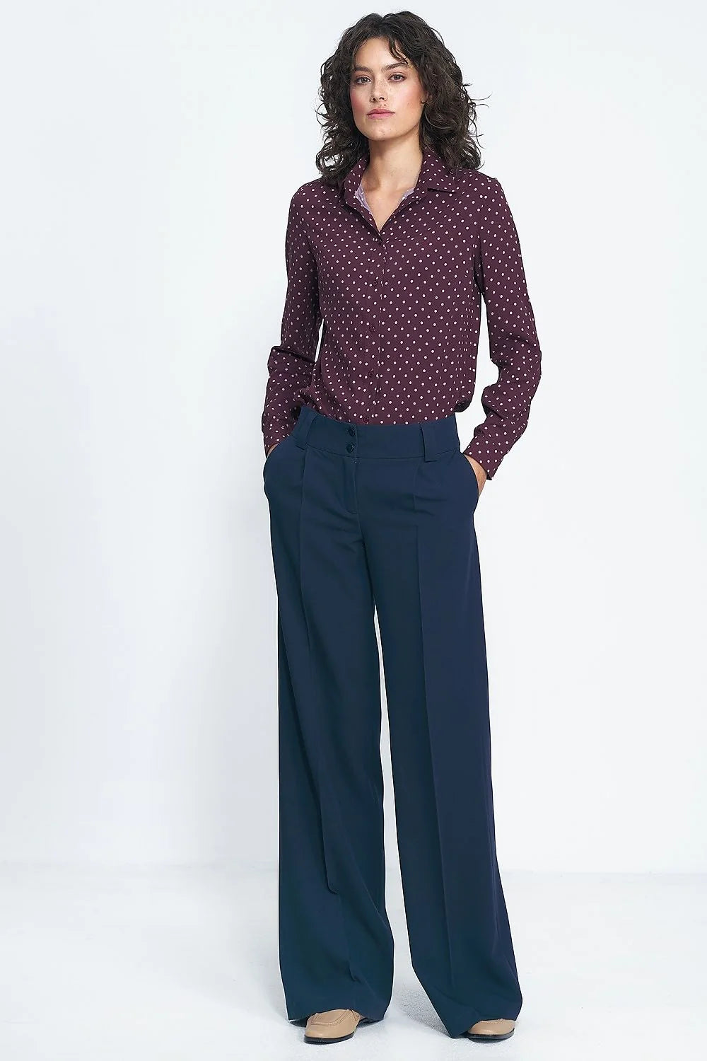 Pantalon palazzo long à jambes larges, haute taille, couleur bleu marine, polyester, viscose, elasthanne, femme, style élégant, coupe ample, occasion professionnelle, mode