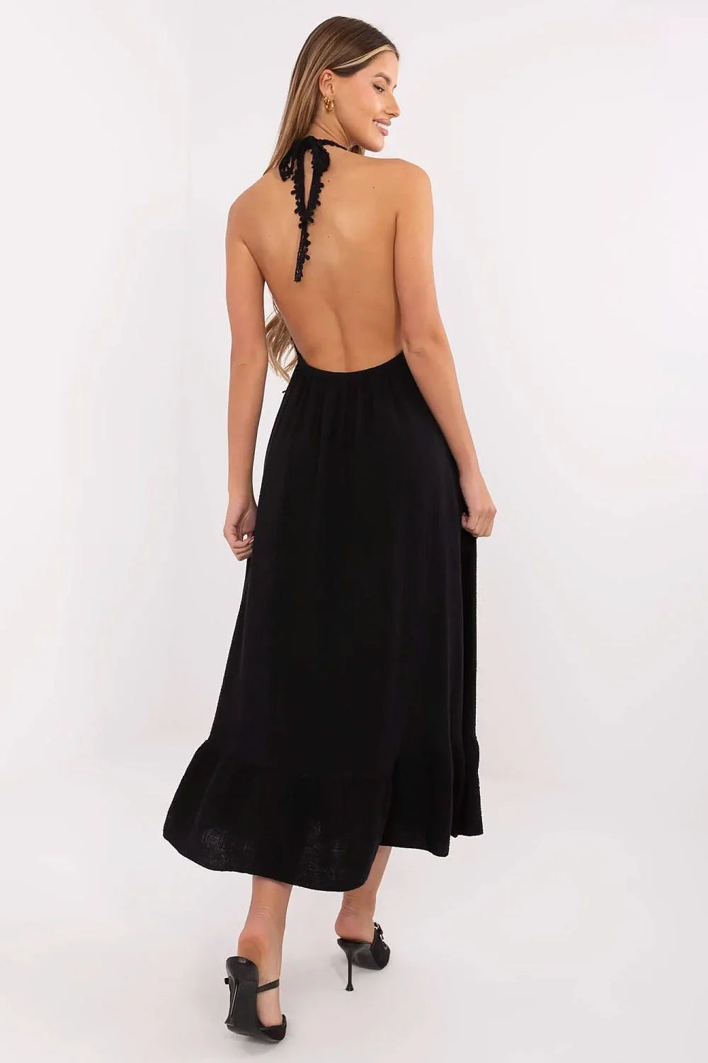 robe bohème élégante sansmanches encolureV dentelle noire midi fluide légère coton élasthanne cintrée bande ajourée jupe évasée volantbas galonfestonné silhouetteféminine