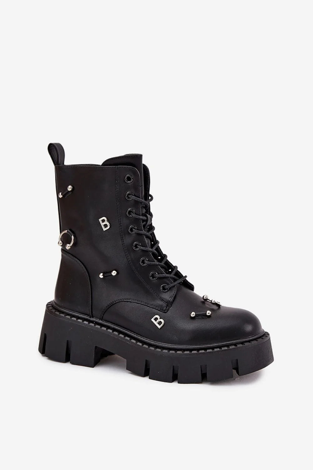 bottes femme simili cuir noir lisse biker montante lacets fermeture éclair latérale anneaux métalliques décoratifs semelle plateforme crantée épaisse