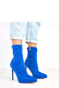 bottines satin bleu électrique stretch seconde peau bout pointu talon aiguille tige mi mollet plateforme discrète doublure douce