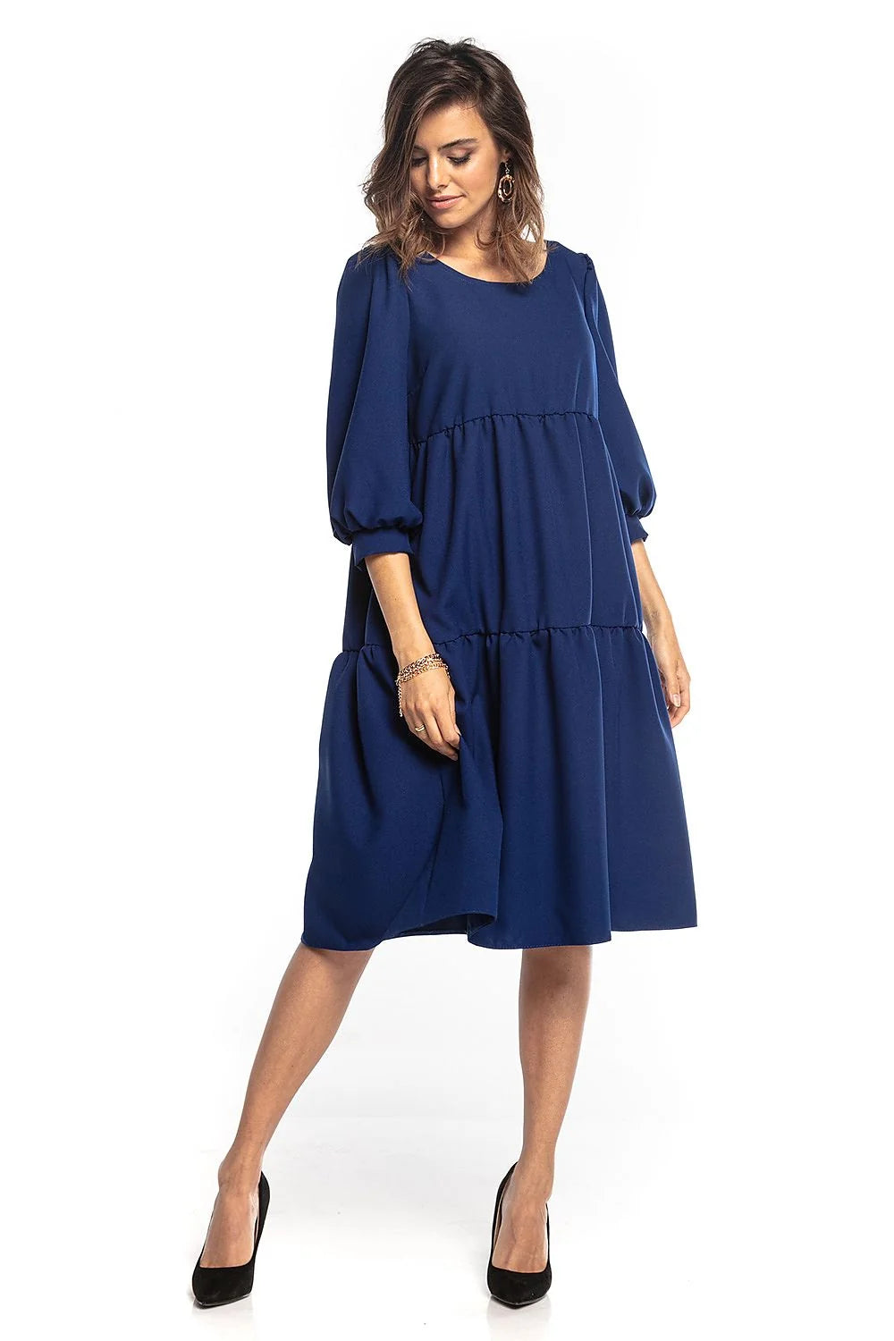 Robe élégante en polyester bleu canard manches bouffantes pour style chic et décontracté femmes