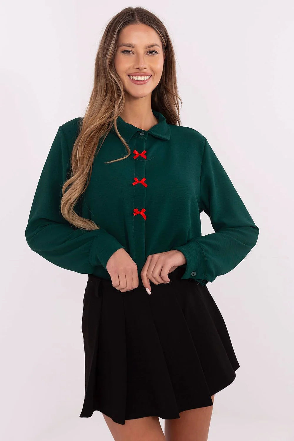 Chemise à manches longues pour femme style classique vert foncé nœuds rouges coupe décontractée Italy Moda