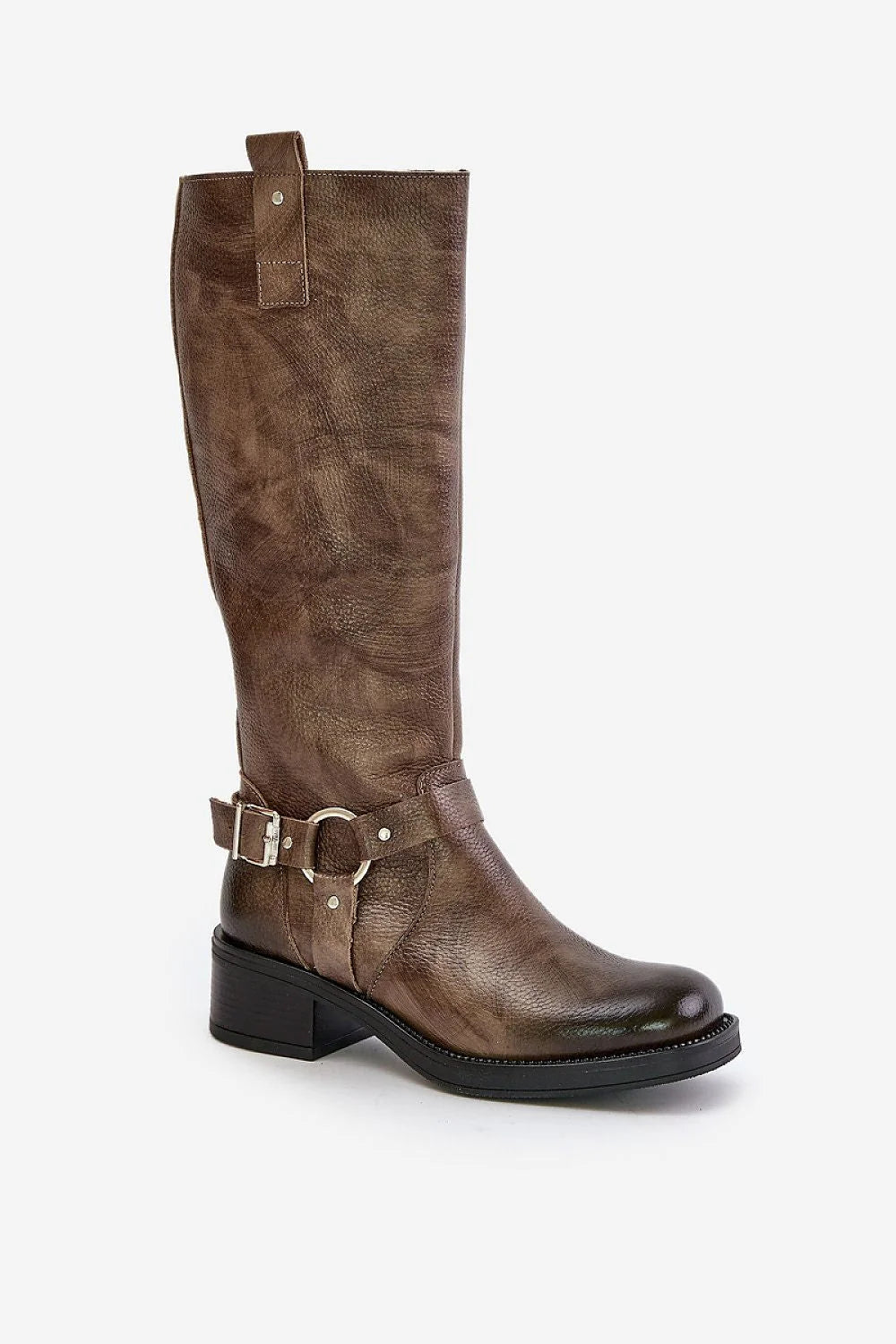 Bottes cuissardes élégantes en cuir naturel marron style équestre talons larges bas zipper métal boucle argentée femmes