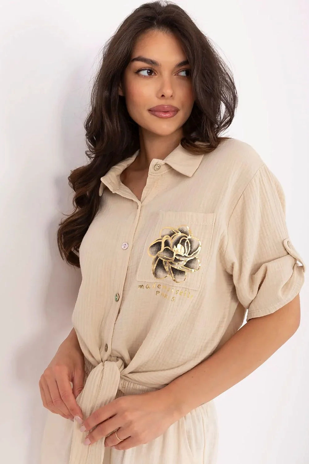 Chemise Italy Moda femme élégante décontractée coton manches courtes poche brodée beige nœud taille ajustable