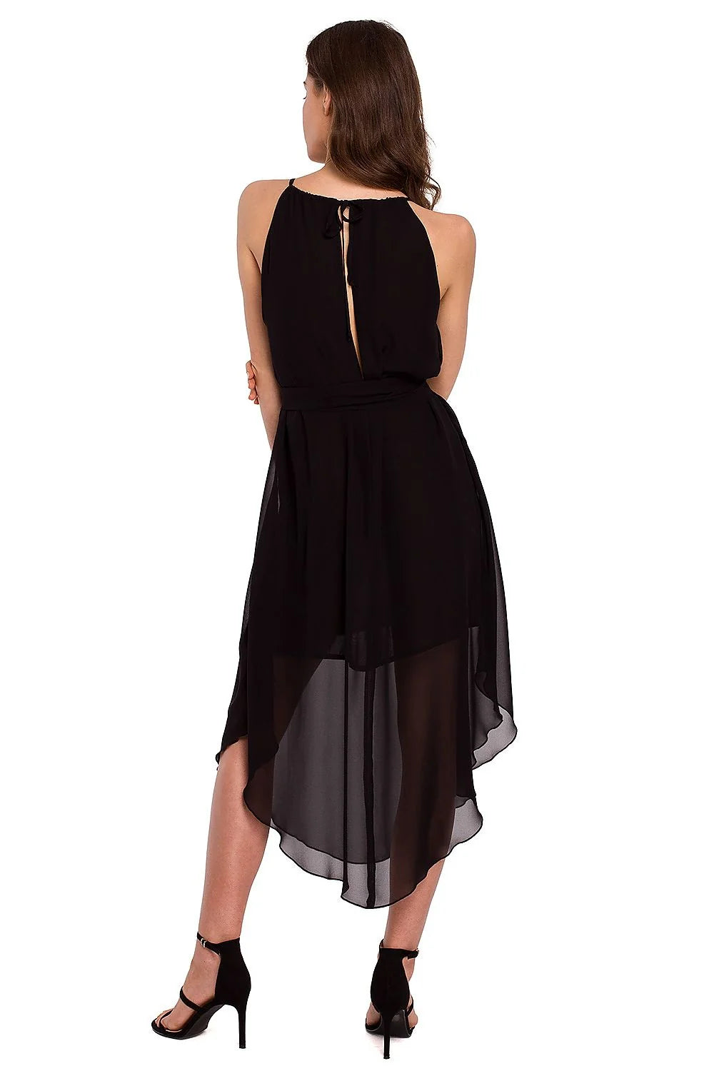 Robe soirée noire polyester élégante volants transparents ceinture sans manches allure chic femmes