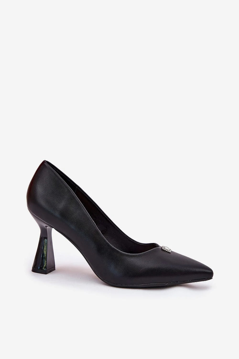 escarpins femme stiletto pointu ecocuir noir lisse mi haut talon bloc facetté laqué ornement carré strass slipon confortable