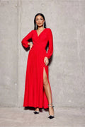 Robe longue élégante pour femmes, décolleté V croisé, manches longues, ceinture intégrée, couleur rouge vibrante, occasion spéciale, robe de soirée, mode高級