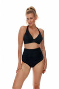 Maillot de bain deux pièces femme décolleté V profond tailleur haute taille ajustée culotte plissée noire Lupo Line