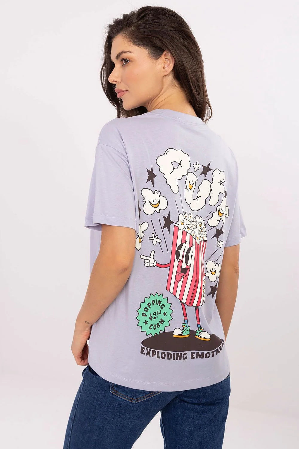 tshirt femme coton respirant décontracté manches courtes col rond coupe oversize lilas pastel imprimé poitrine cartoon popcorn étoiles