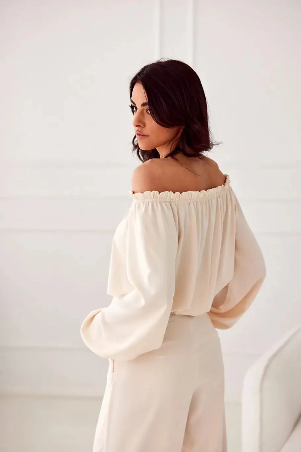 Chemisier Roco Fashion deux pièces élégant crème épaules nues manches longues fleur tissu pantalon taille haute femmes