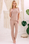 pyjama femme viscose élasthanne stretch doux jersey haut manches courtes encolure bateau dentelle fine pantalon long taille élastique poches latérales