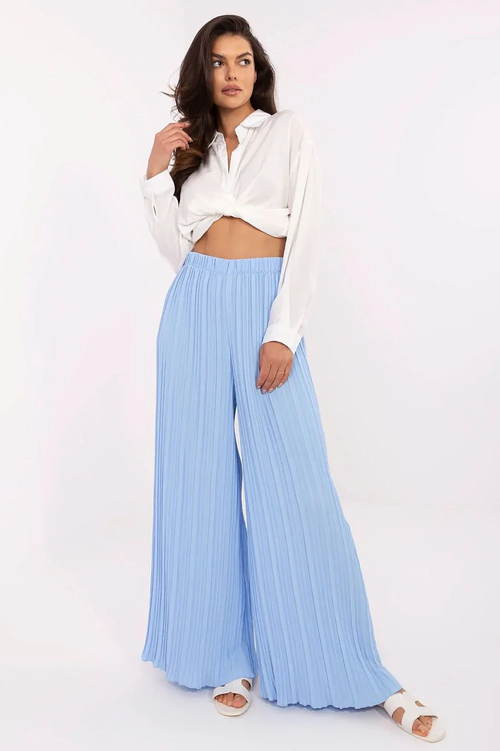 Ensemble femme chemisier blanc pantalon bleu palazzo plissé elastique manches longues col classique coton polyester printemps été