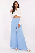 Ensemble femme chemisier blanc pantalon bleu palazzo plissé elastique manches longues col classique coton polyester printemps été