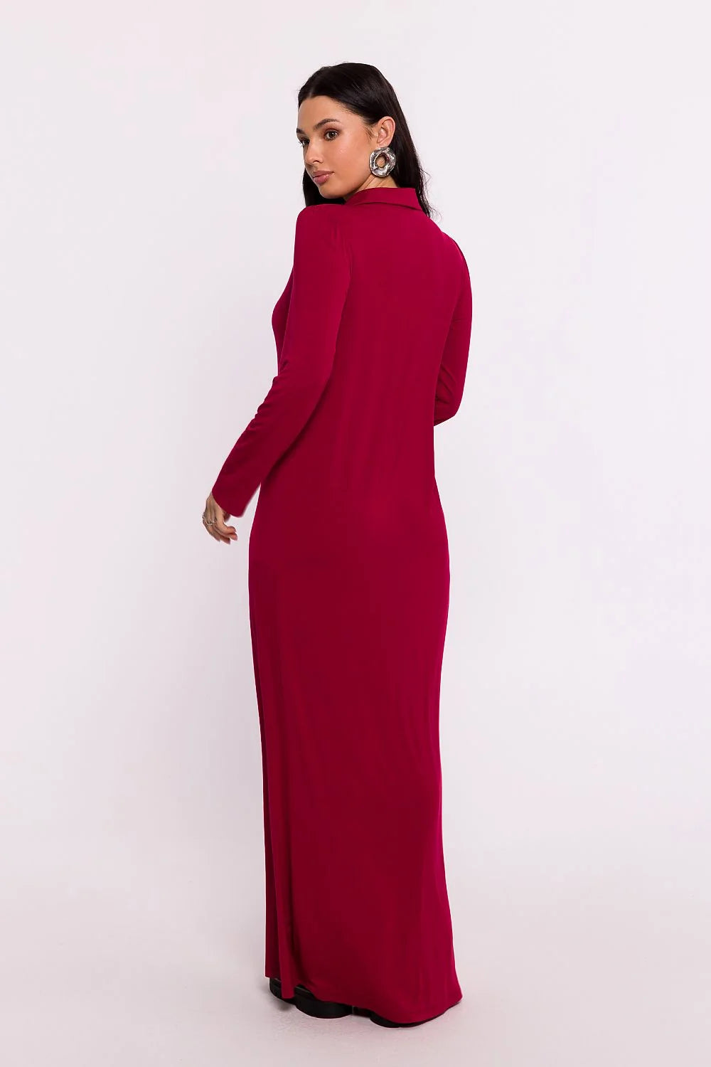 robe longue bordeaux boutonnée col chemise manches longues coupe droite fente avant maille viscose stretch fluide élégante raffinée minimaliste