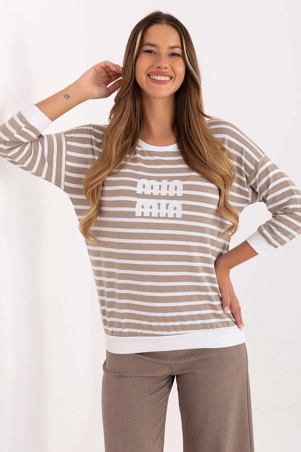 chemisier femme micromodal doux élasthanne extensible coupe oversize manches longues encolure ronde rayures horizontales taupe blanc bordcotes brodé