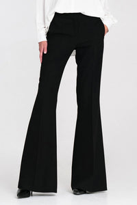 pantalon femme tailleur noir évasé jambe large taille mi haute plis marqués devant poches discrètes tissu structuré lisse élégant professionnel