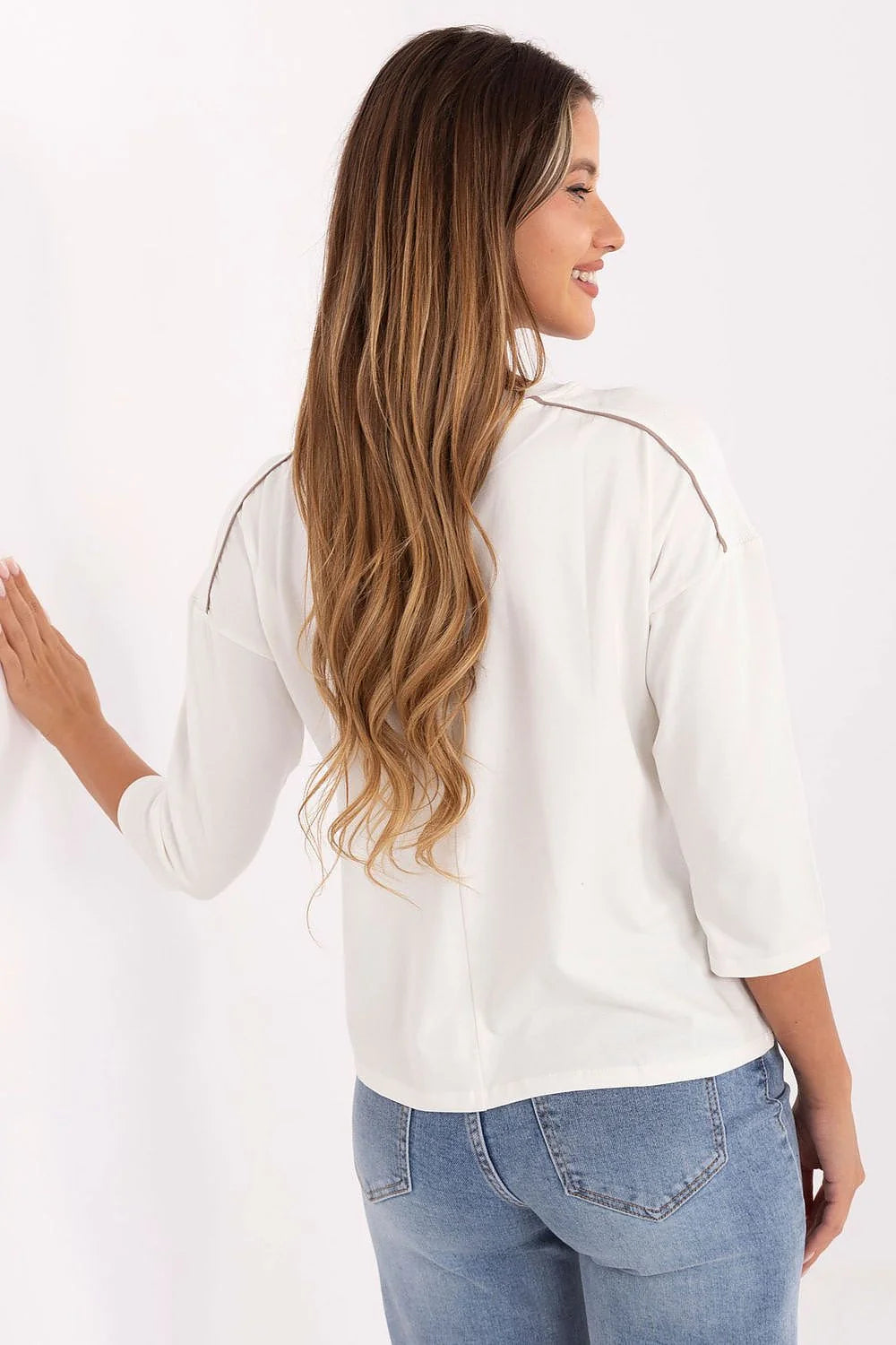 chemisier oversize femme écru jersey coton doux stretch manches troisquarts col rond coupe boxy épaules tombantes broderie métallique
