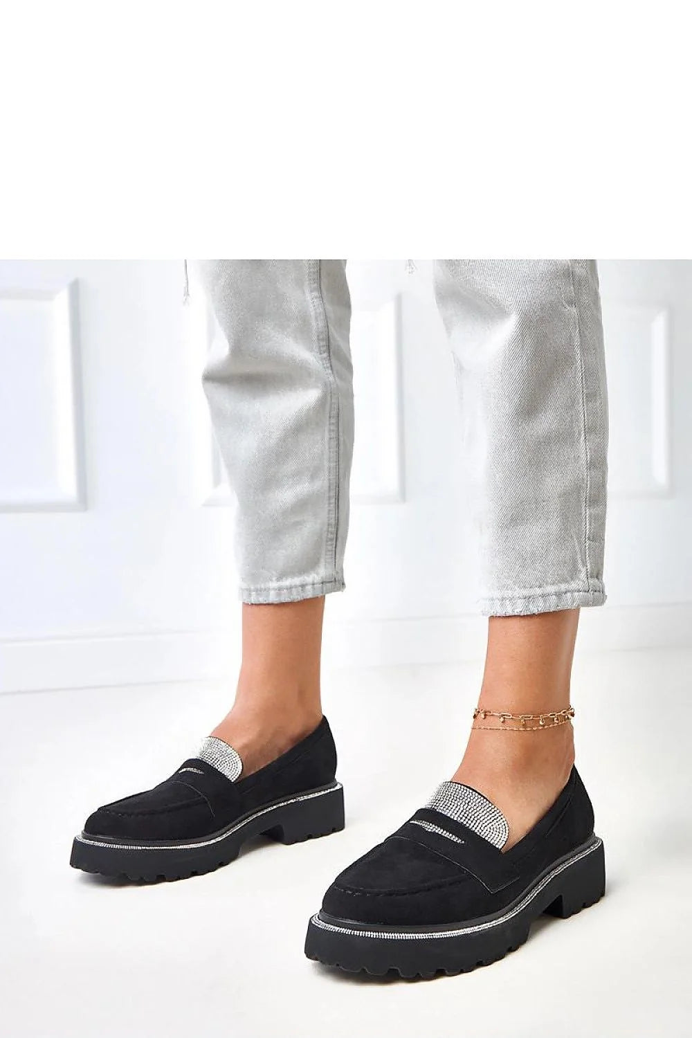 mocassins femme cuir suédé écologique souple empeigne strass argentés bordure semelle épaisse crantée antidérapante plateforme talon stable confortable casual chic
