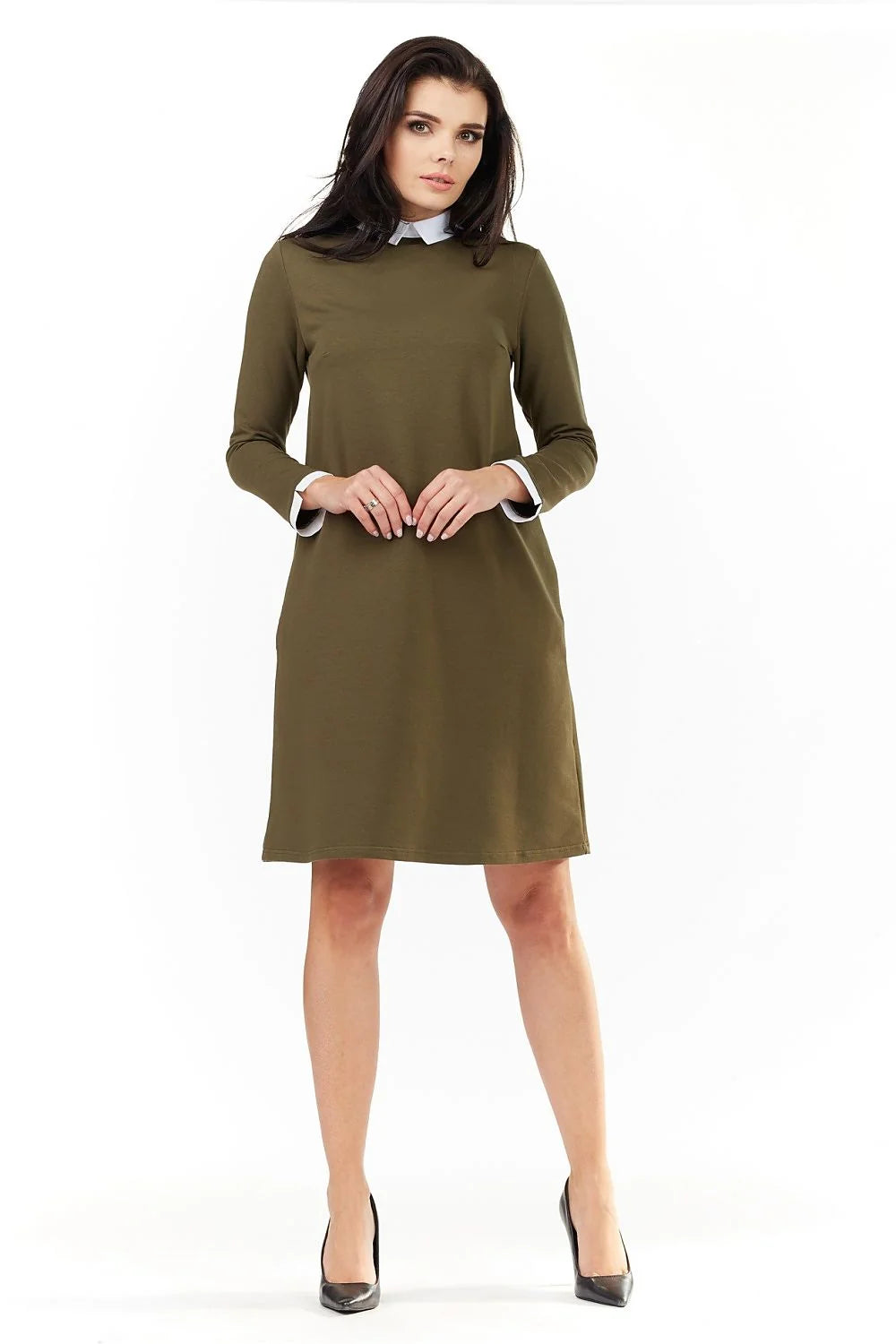 Robe de jour awama simple élégante vert olive manches longues col contrastant fermeture éclair dissimulée coton polyester femme