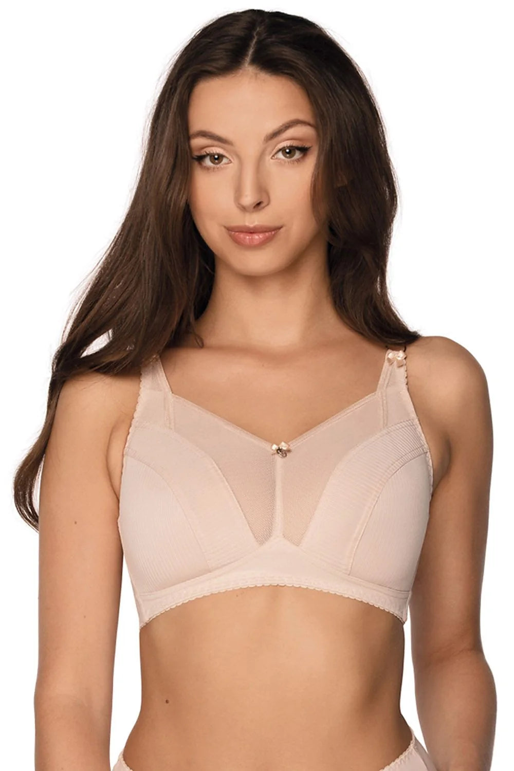 Soutien-gorge beige minimaliste sans armatures non préformé bretelles ajustables décolleté en V dentelle transparente confortable maintien modéré lingerie quotidienne