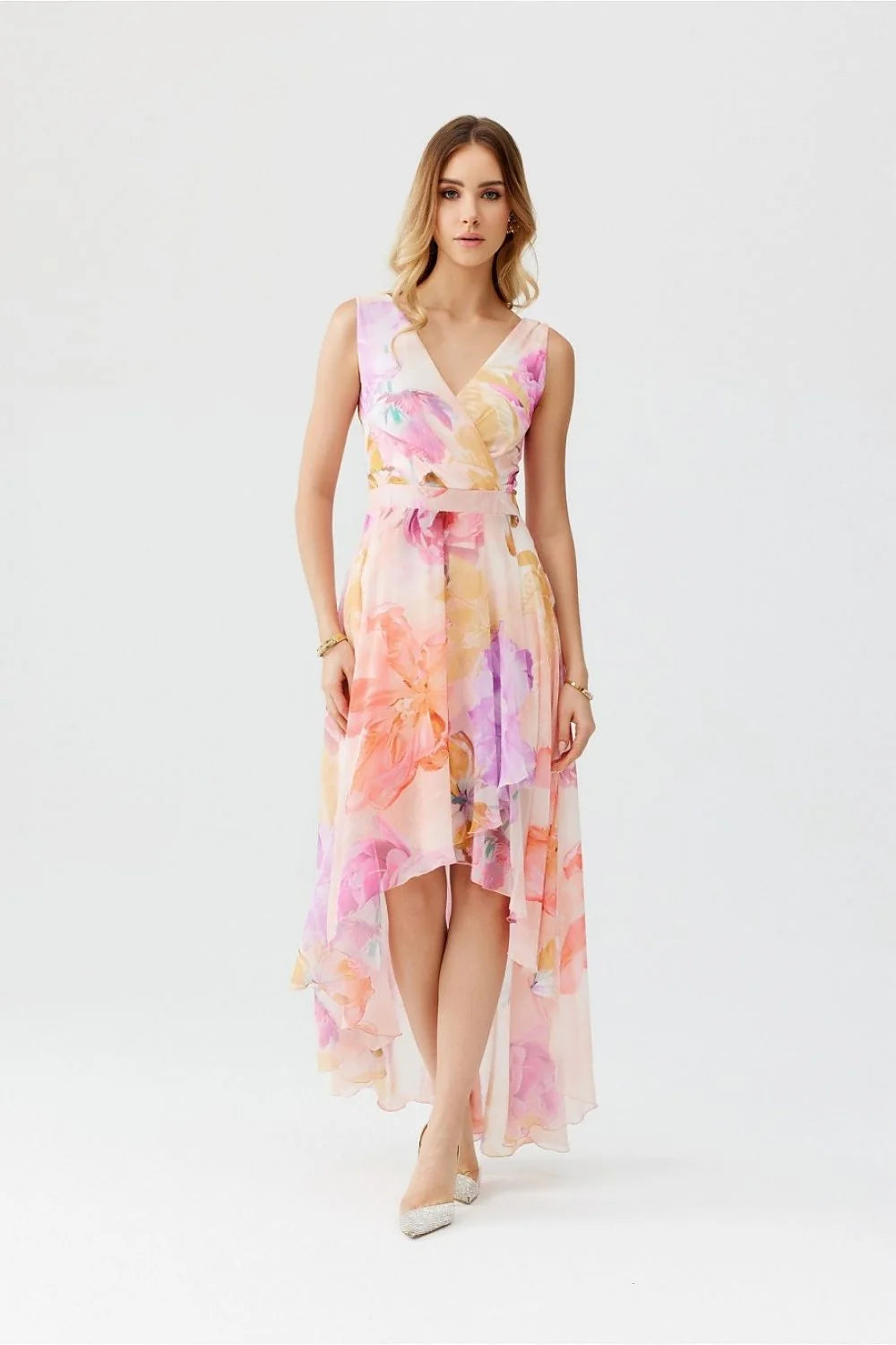 Robe de cocktail Roco Fashion en mousseline longue asymétrique décolleté en V floral pastel femme