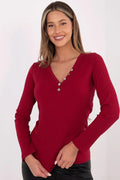 chemisier femme bordeaux côtelé col V boutonné boutons argentés ajusté extensible coton elasthanne confortable manches longues longueur hanches polyvalent