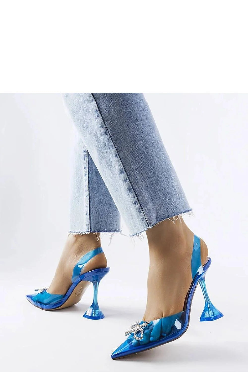 escarpins transparents bleu cobalt slingback bijou strass PVC vinyle verni bout pointu talon lucite évasé 15cm semelle beige confortable soirée