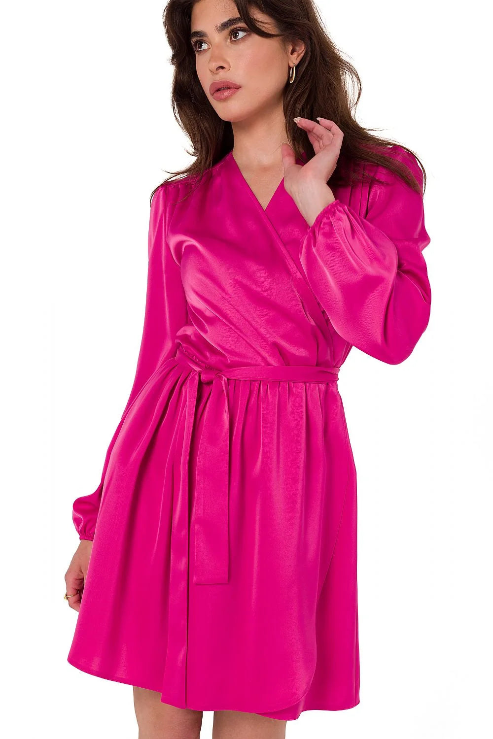 Robe de soirée Makover élégante couleur fuchsia manches longues en satin taille ajustable portefeuille V-neck Pologne