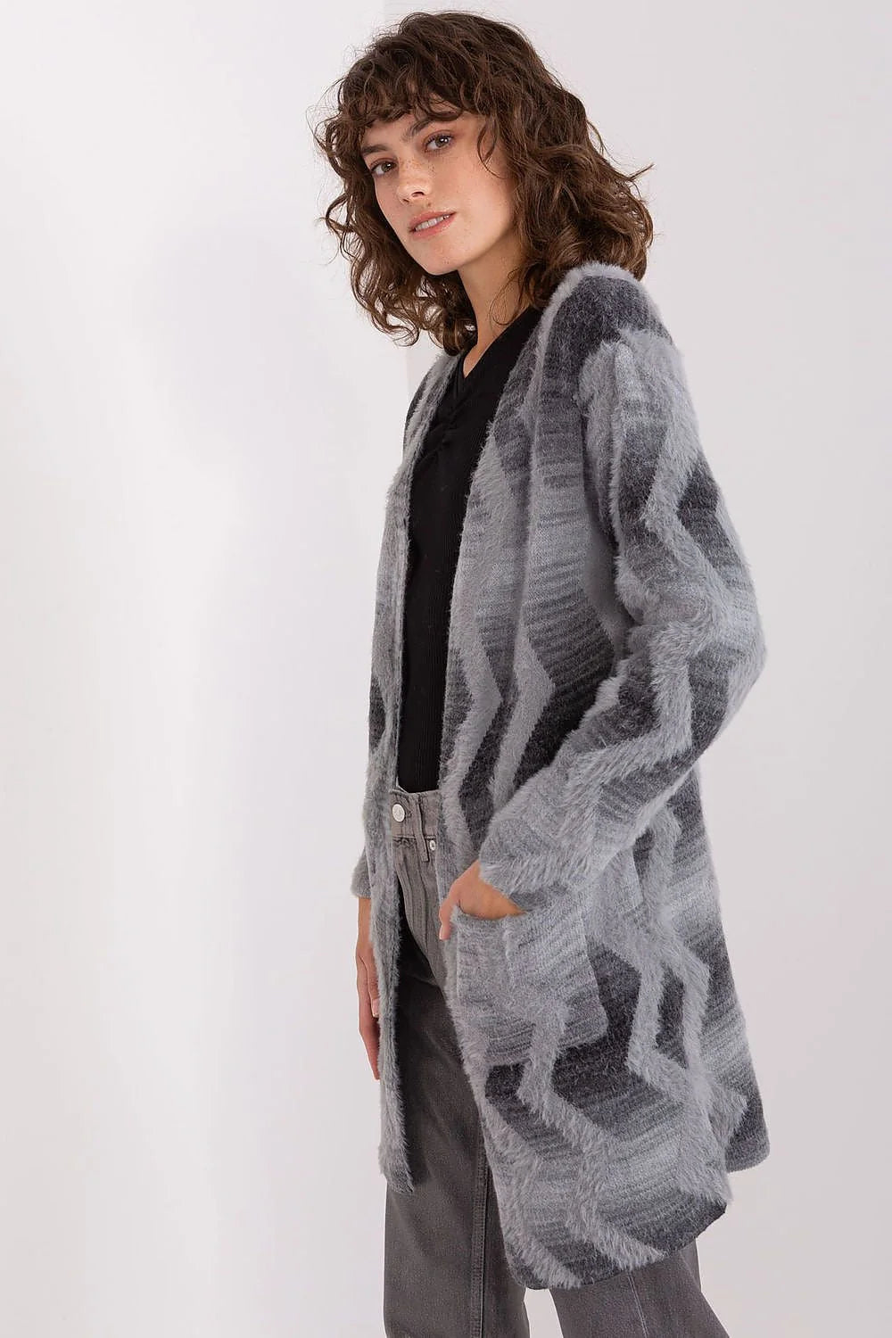 Cardigan femme motif géométrique long manches longues sans fermeture élégant polyvalent hiver automne vêtement mode