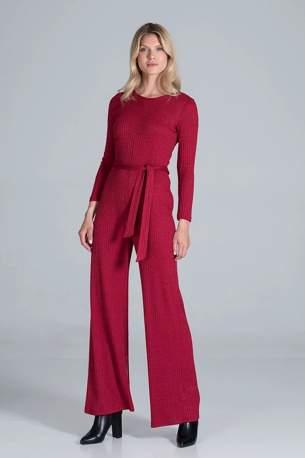 Combinaison élégante maille côtelée bordeaux moderne ajustable manches longues jambes larges ceinture assortie femme