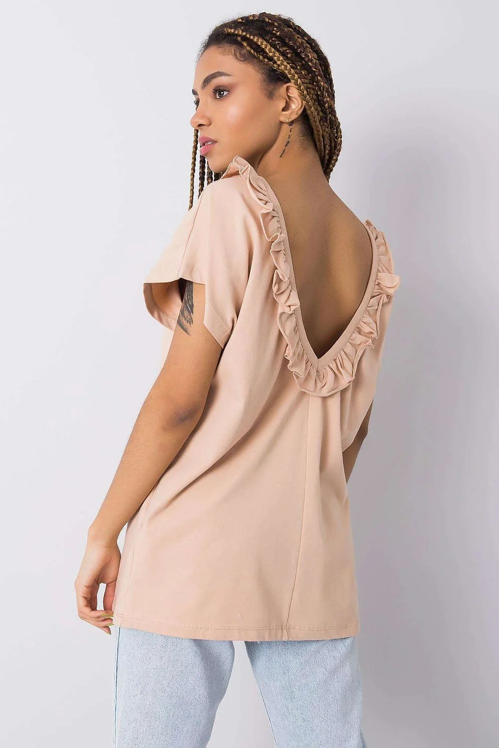 Chemisier élégant pour femme en coton 95% lycra 5% coupe ample manches courtes beige pâle sans motifs