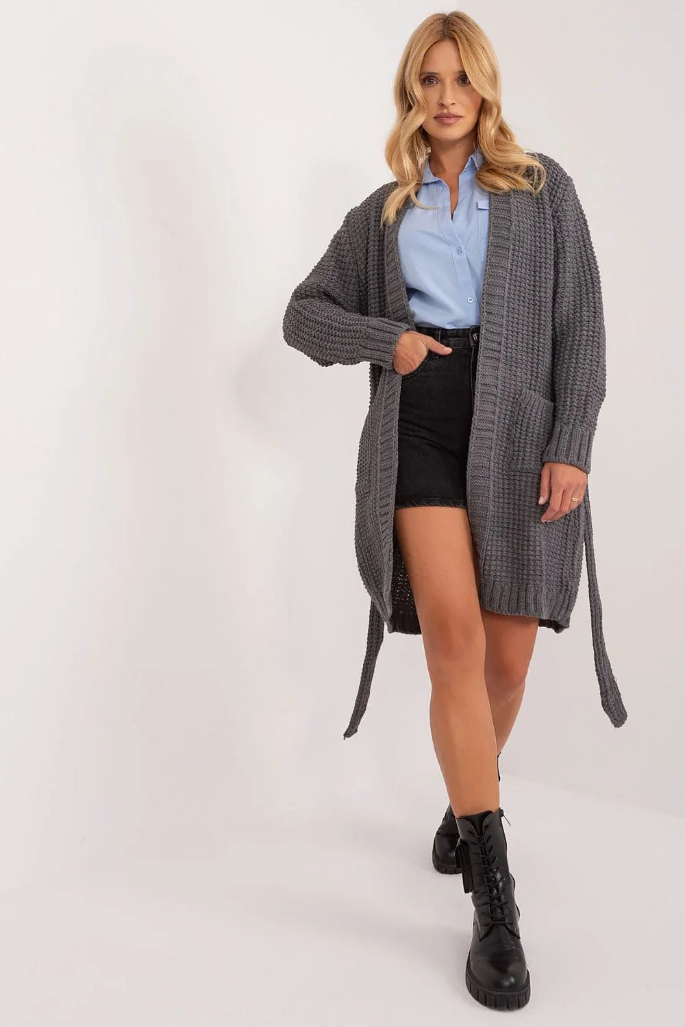 cardigan maille femme gris anthracite long genou oversize ceinture amovible ajustable ample structuré tricot épais manches longues côtelés