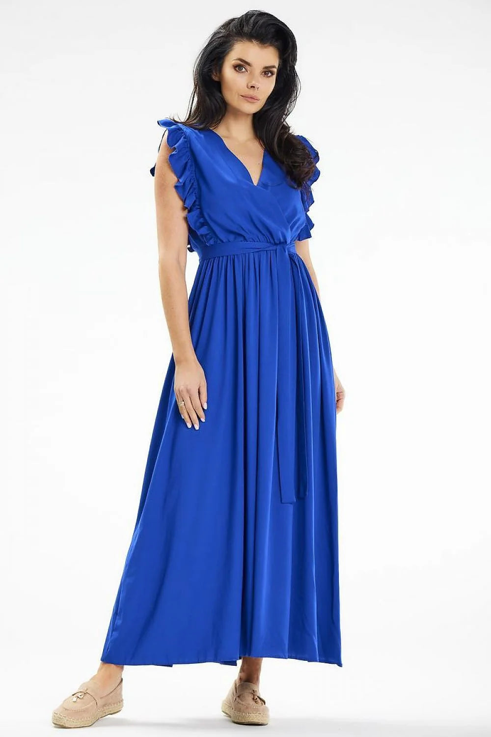 Robe de jour élégante longue manches courtes en V puff sleeves taille élastique couleur bleu cobalt femme