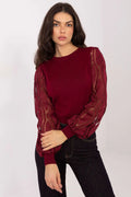 pull femme bordeaux col rond manches longues bouffantes ajourées crochet poignets côtelés maille fine viscose polyester confortable durable coupe droite