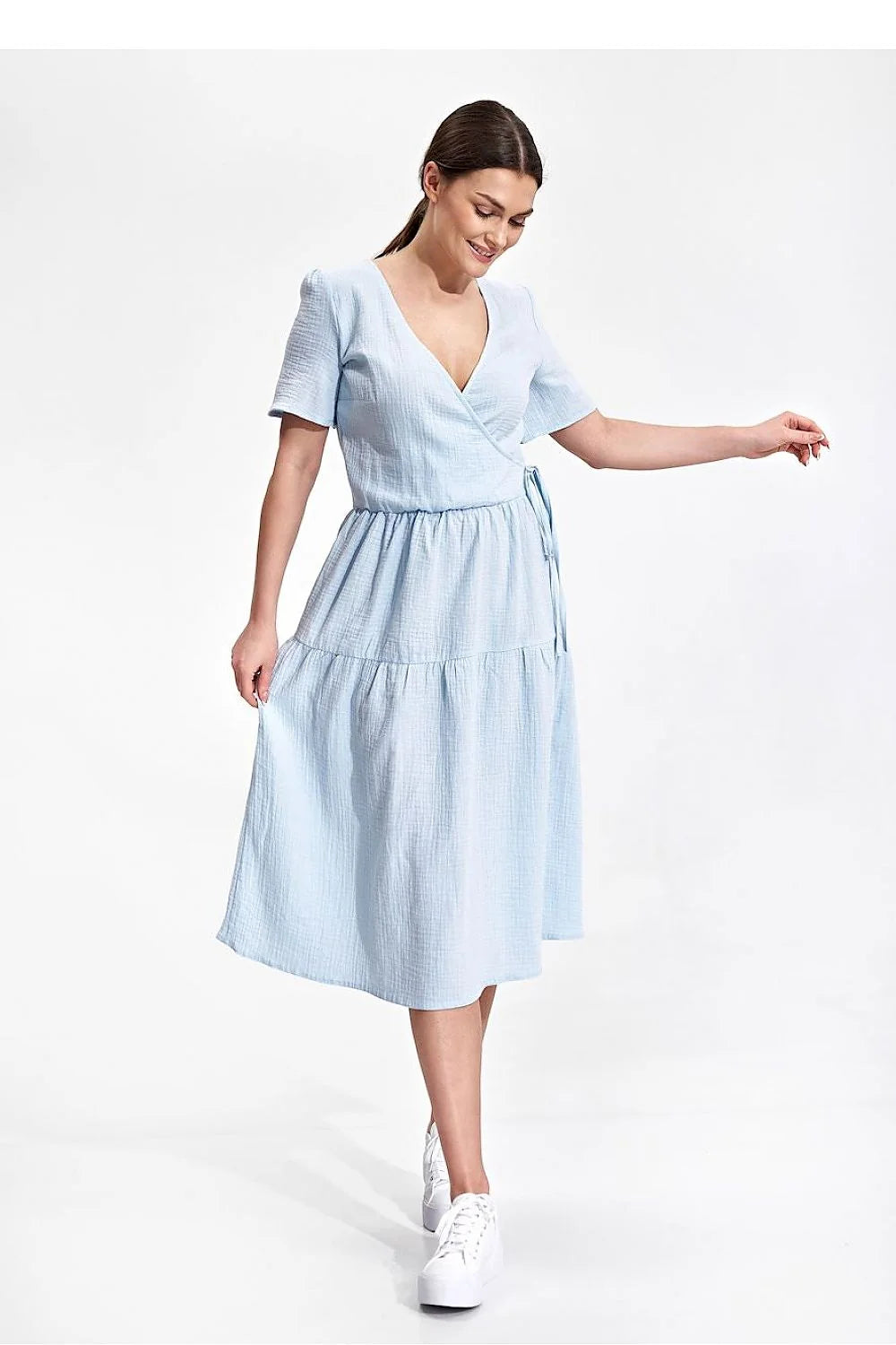 Robe de jour élégante été manches courtes encolure enveloppante coton 100 % taille ajustable femme