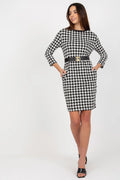 Robe de jour Och Bella pied-de-poule noir et blanc manches 3/4 ceinture intégrée silhouette droite taille ajustable femme