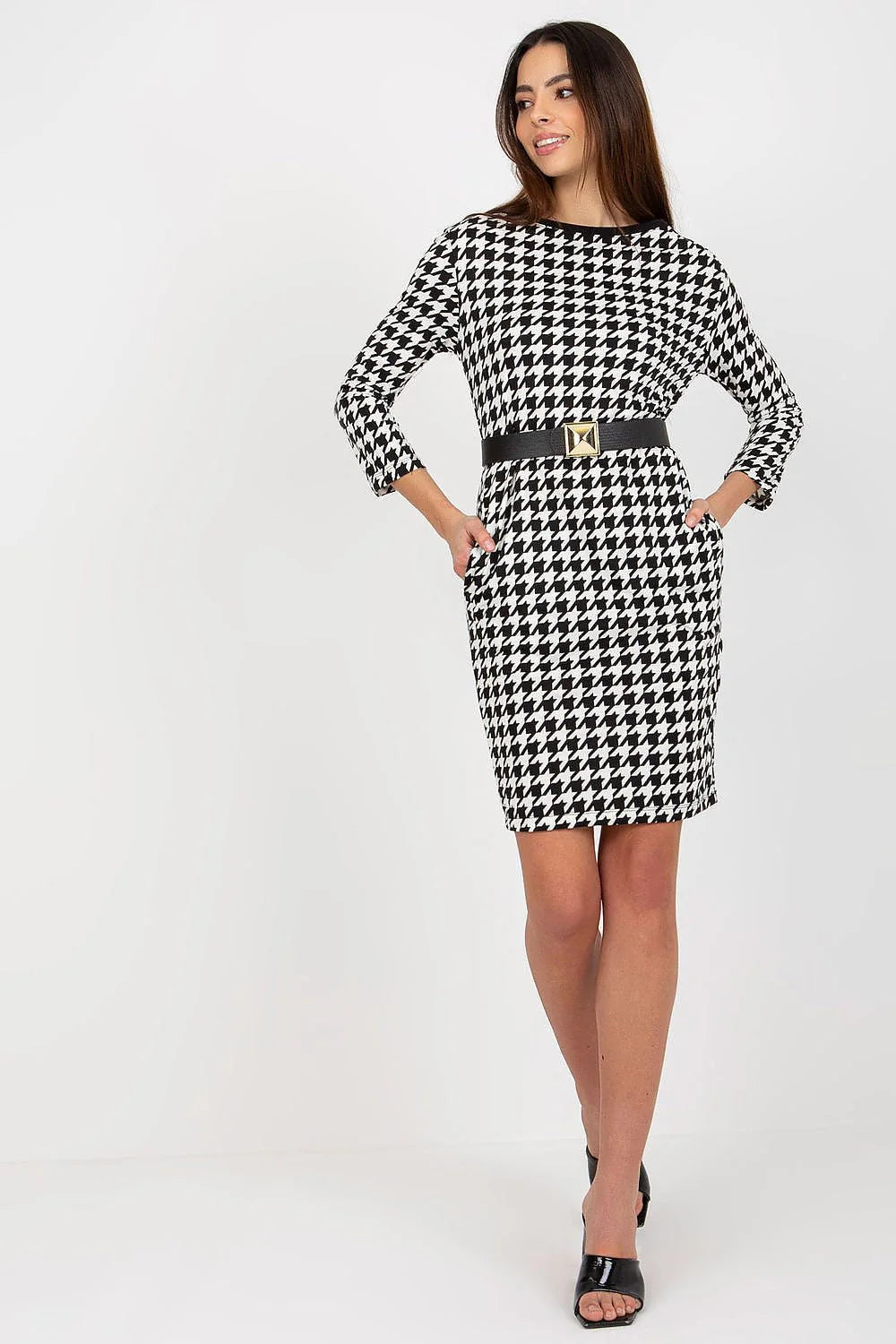 Robe de jour Och Bella pied-de-poule noir et blanc manches 3/4 ceinture intégrée silhouette droite taille ajustable femme