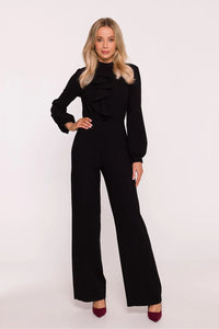 combinaison pantalon femme noire manches longues encolure montant jabot plastron taille cintrée jambes larges crêpe fluide structuré élégant
