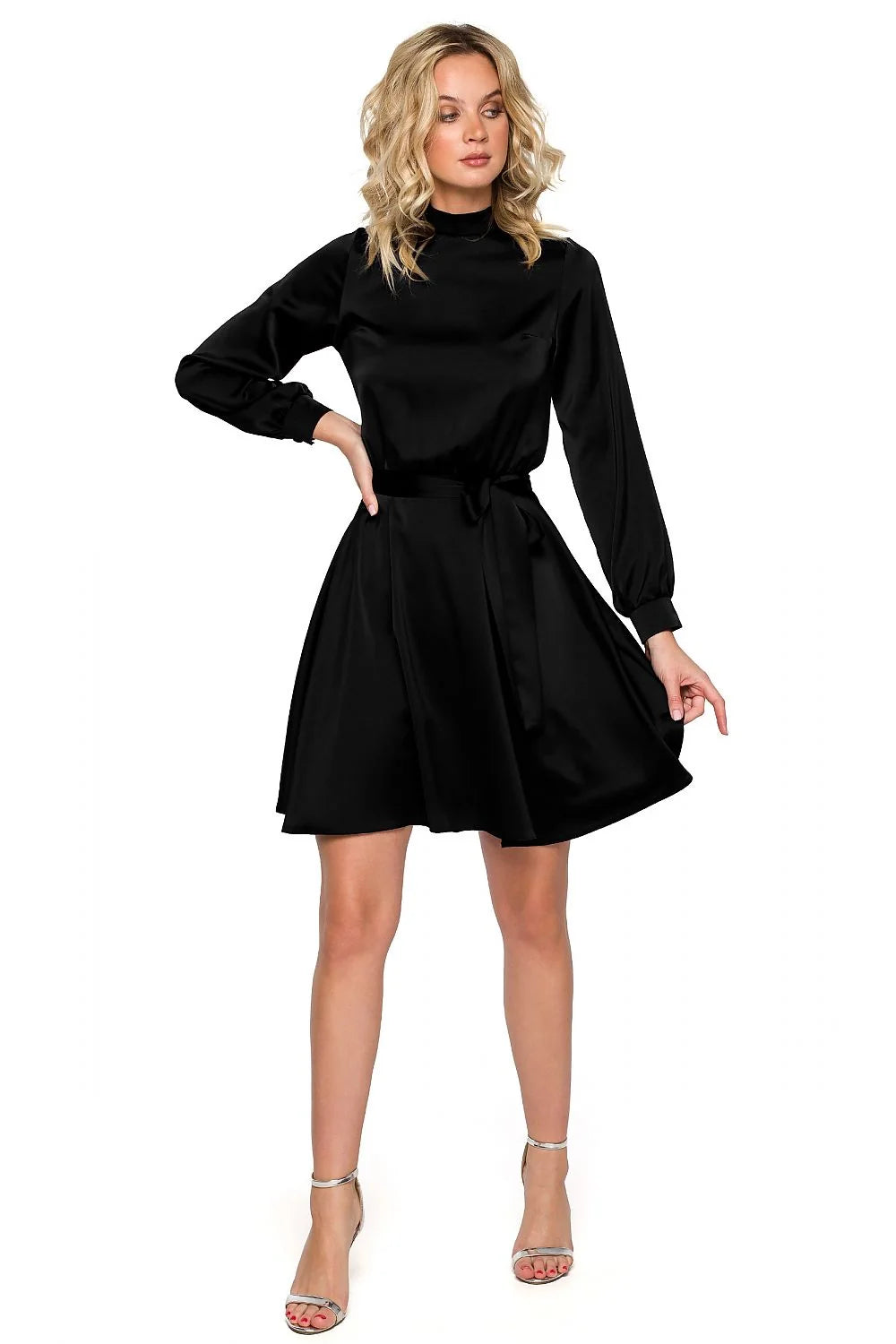 Robe de soirée élégante longue manches longues dos nu dentelle noire taille ajustable femme