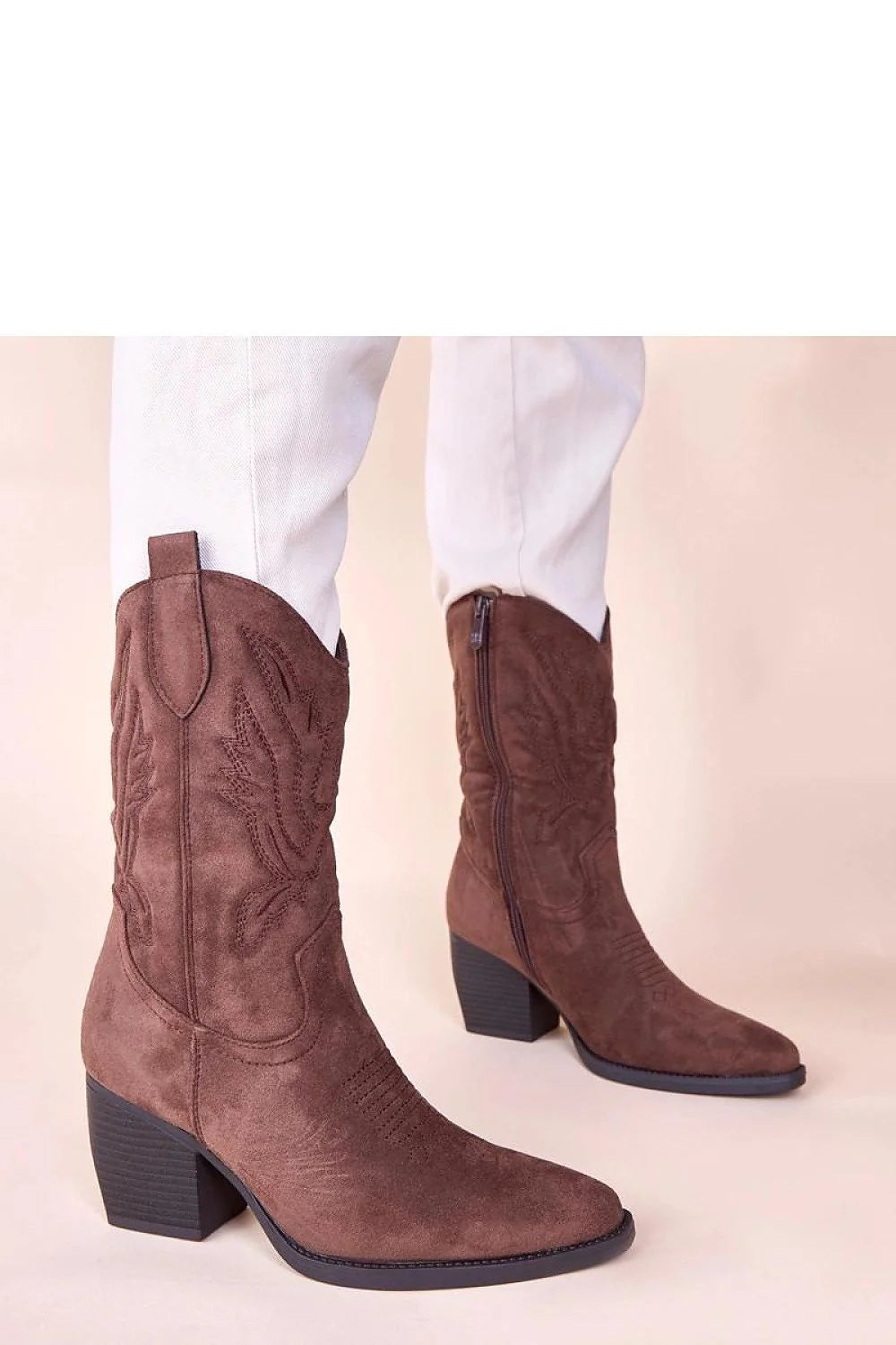 Gemre Cassa bottines marron daim suédé broderie décorative western mi mollet talon bloc 8cm bout pointu arrondi semelle antidérapante confortable