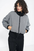 Veste féminine moderne chevron noir et blanc col montant manches longues élastiquées polyester spandex viscose taille ajustable femme