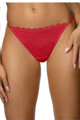 string tanga dentelle florale rouge sexy raffinée festonnée microfilet échancré taille basse côtés fins réglables anneaux dorés gousset coton extensible