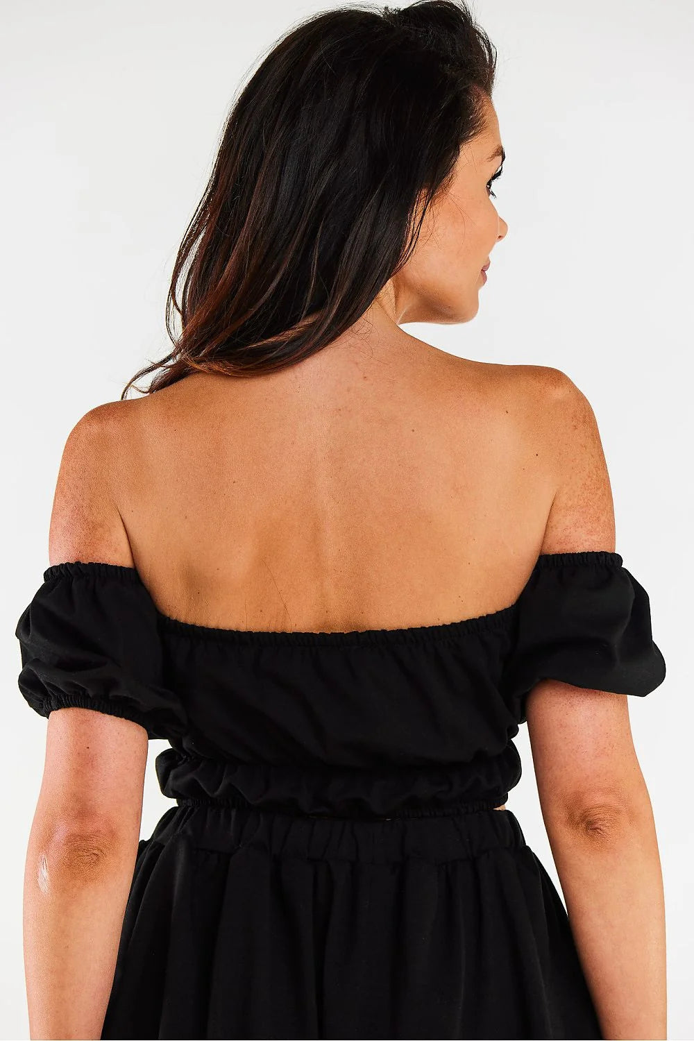 haut top femme bardot épaules nues décolleté espagnol manches ballon coton lycra élastique noir cropped ajusté