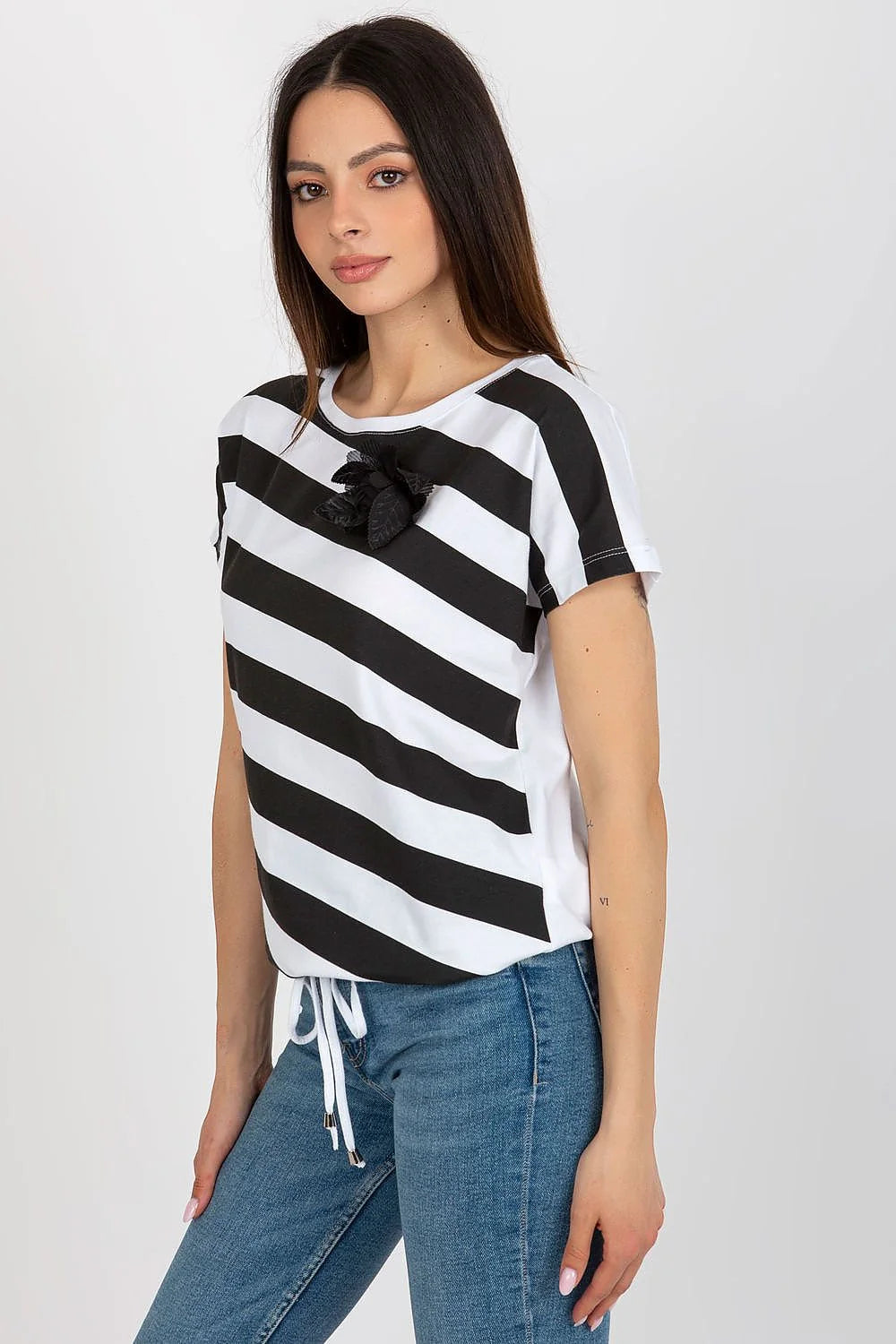 T-shirt Relevance pour femme élégant décontracté rayures horizontales fleur en volume coton elastane manches courtes