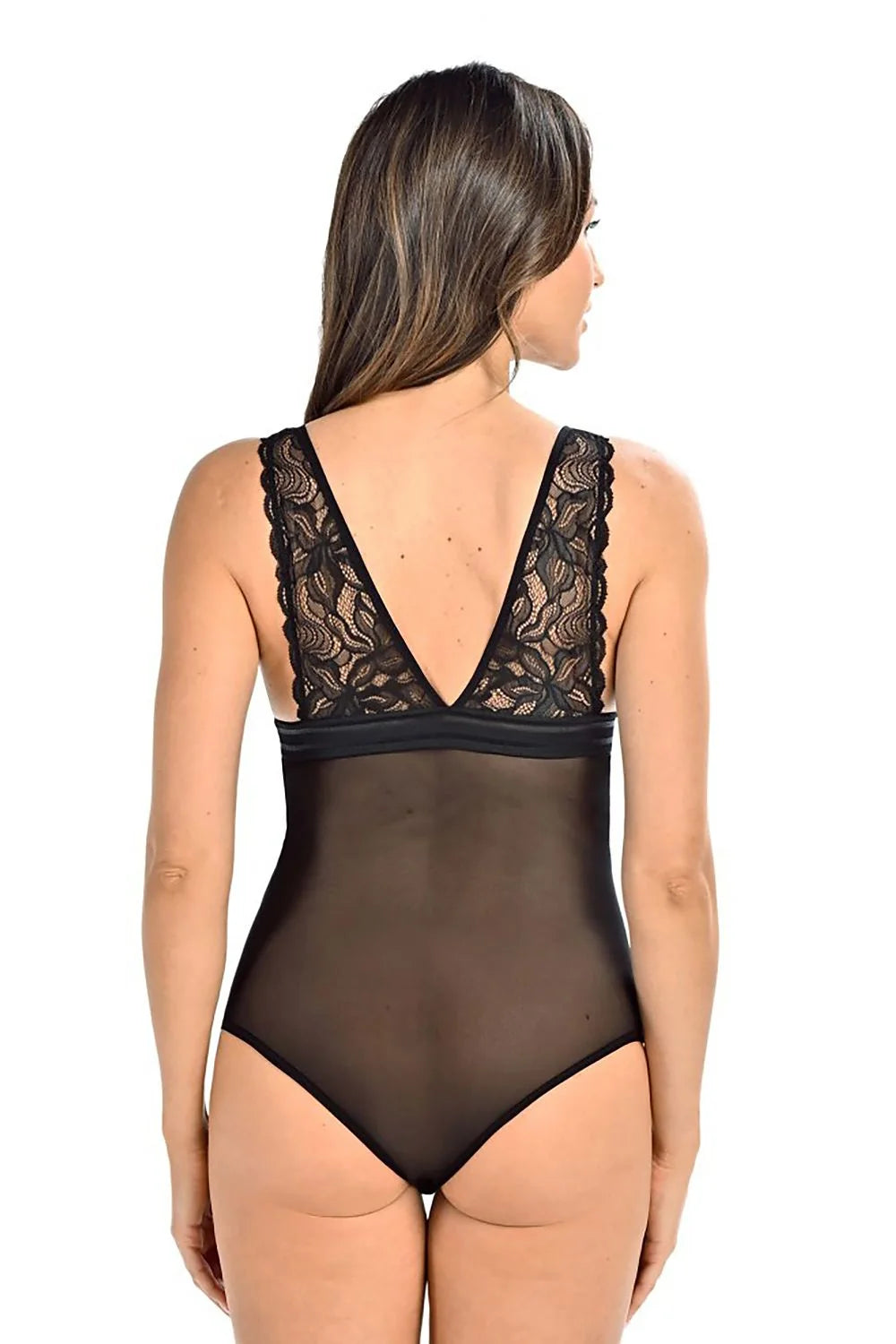 Body dentelle floral transparent V neckline bretelles larges bas plein noir nylon elastane ajustable femme occasion spéciale lingerie