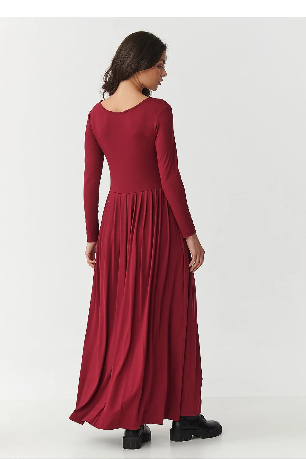 robe longue femme maxi bordeaux jersey stretch manches longues encolure ronde corsage ajusté jupe froncée fluide taille marquée