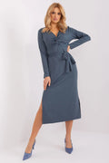 Robe élégante pour femme couleur bleu acier longue manches longues ceinture ajustable tissu fluide polyester spandex