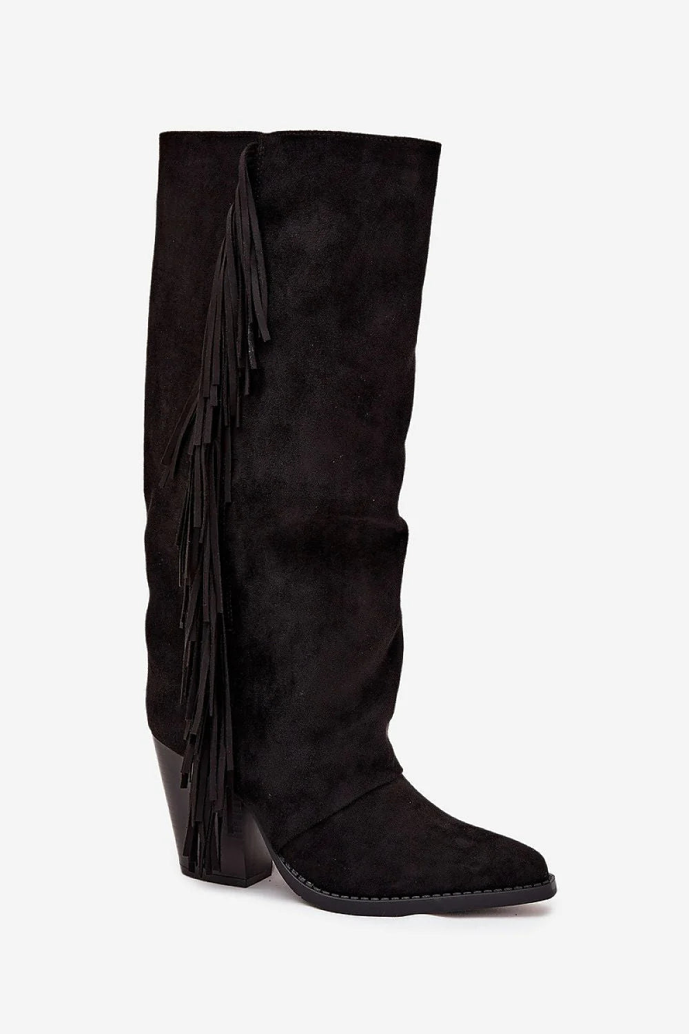 bottes cowgirl femme mi genou suédine noire franges latérales bout pointu talon bloc confortable fermeture glissière bohème country chic