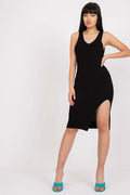 Robe de jour moderne élégante noire tissu maille côtelée silhouette moulante encolure V sans manches longueur genou femmes