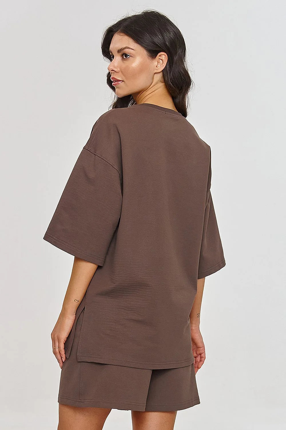 Ensemble de survêtement décontracté pour femme en coton marron uni, coupe oversize, manches courtes, short taille élastique